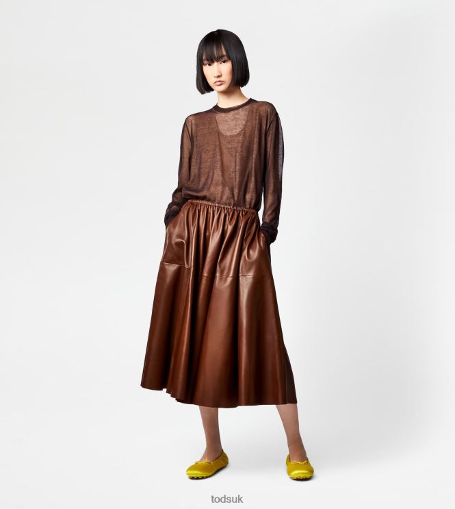 Tod's Women Flared Skirt in Leather 602L84571 Brown