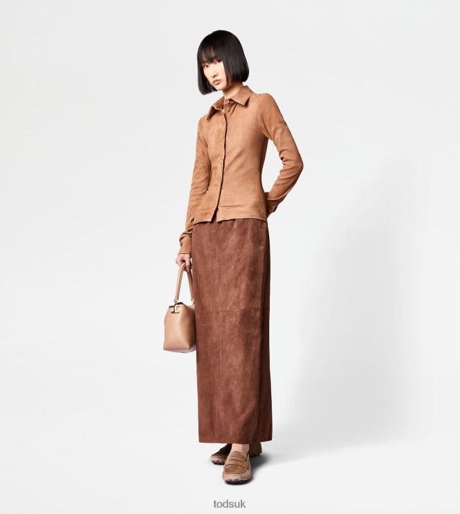 Tod's Women Long Skirt in Suede 602L84573 Brown