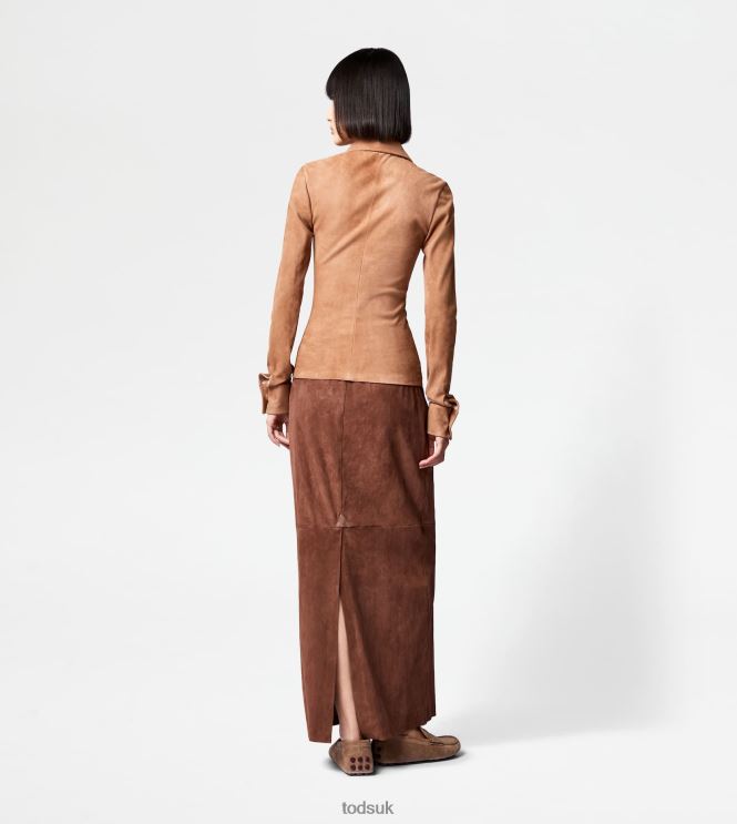 Tod's Women Long Skirt in Suede 602L84573 Brown