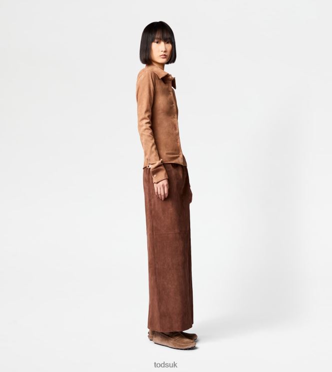 Tod's Women Long Skirt in Suede 602L84573 Brown